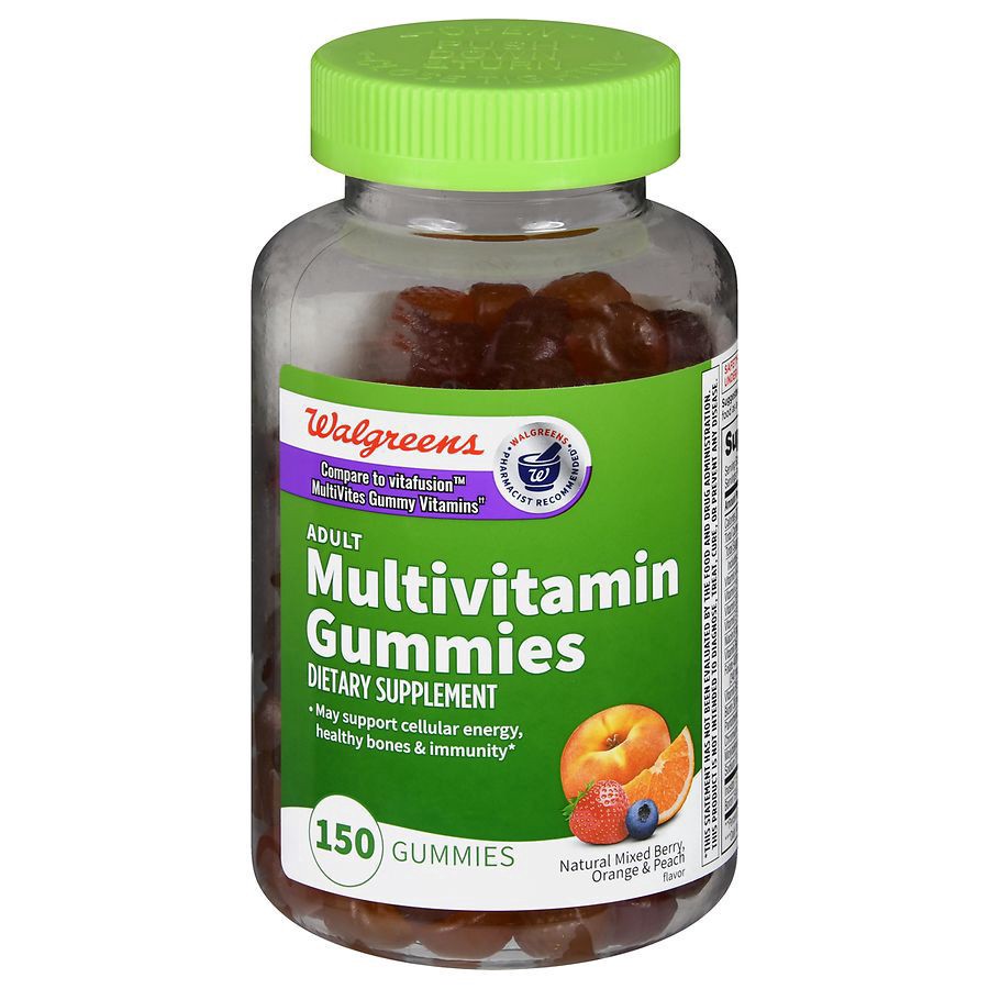 slide 1 of 4, Walgreens Adult Multivitamin Gummies (75 days) Natural Mixed Berry, Orange & Peach, 150 ct