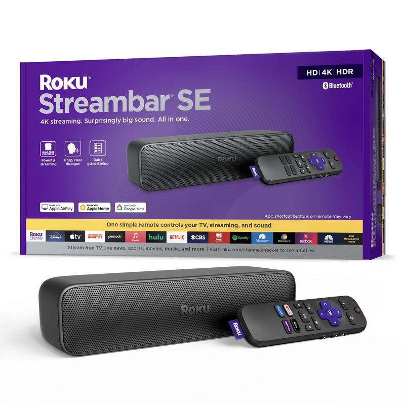 slide 1 of 11, Roku Streambar SE 2-in-1 TV Soundbar with Built-in Streaming, Premium Speakers, & Enhanced Speech Clarity: 4K Resolution, Wi-Fi 5, Voice Assistant, 1 ct