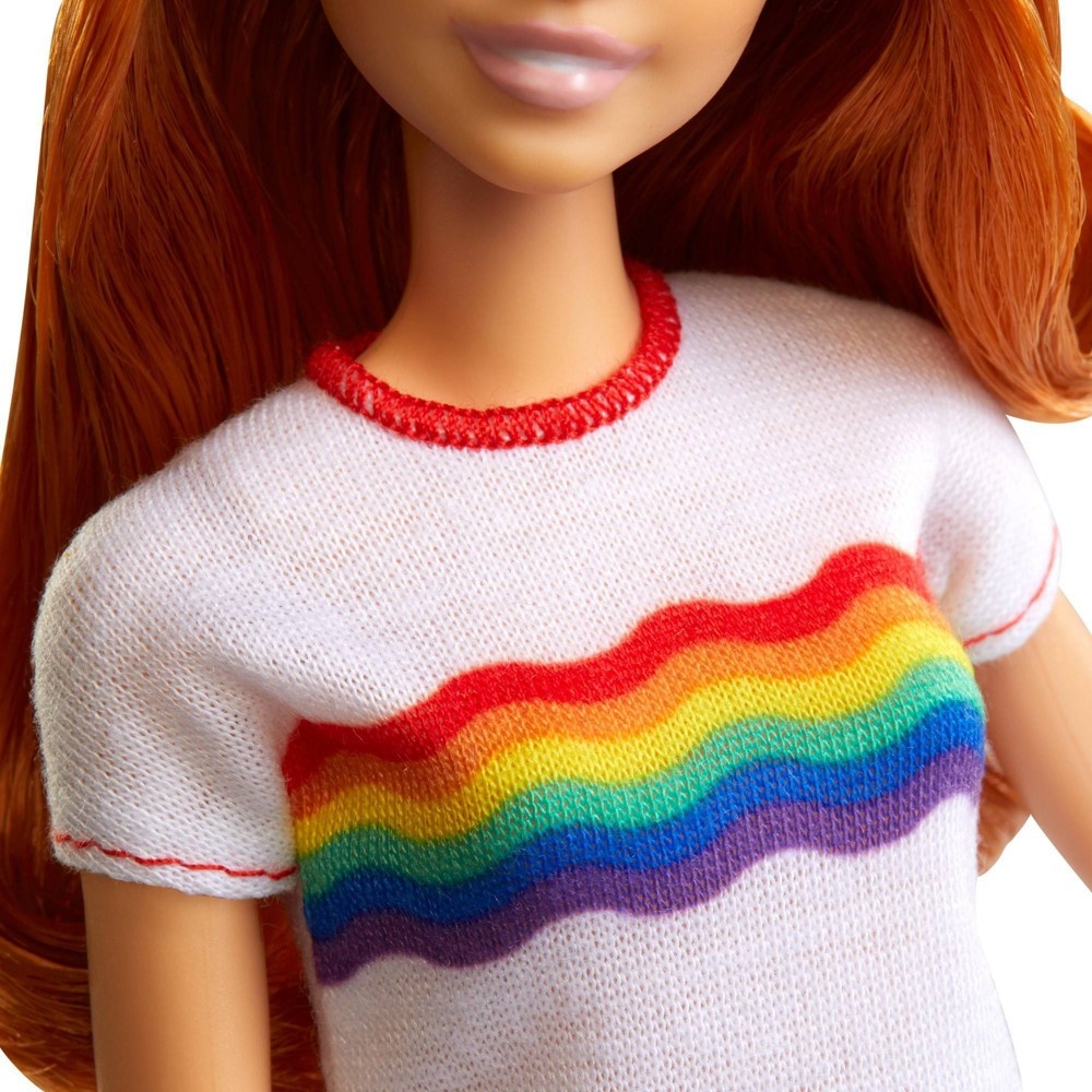 slide 2 of 9, Barbie Fashionistas Doll #122 Red Hair with Rainbow Tee, 1 ct