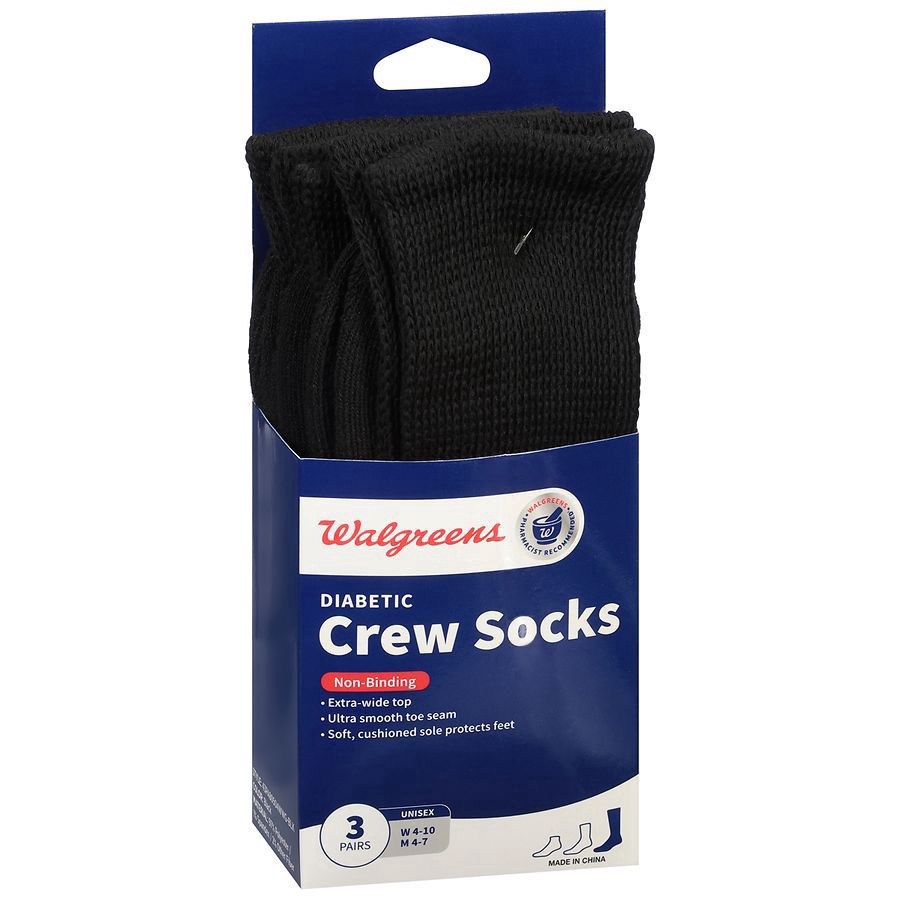 slide 2 of 3, Walgreens Diabetic Crew Socks Unisex Women's 4-10, Men's 4-7 - Black, 3 pair
