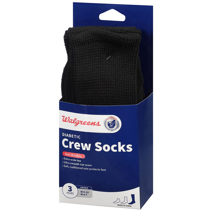 slide 3 of 3, Walgreens Diabetic Crew Socks Unisex Women's 4-10, Men's 4-7 - Black, 3 pair