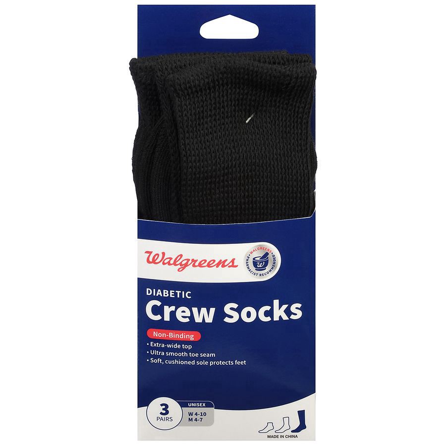 slide 1 of 3, Walgreens Diabetic Crew Socks Unisex Women's 4-10, Men's 4-7 - Black, 3 pair