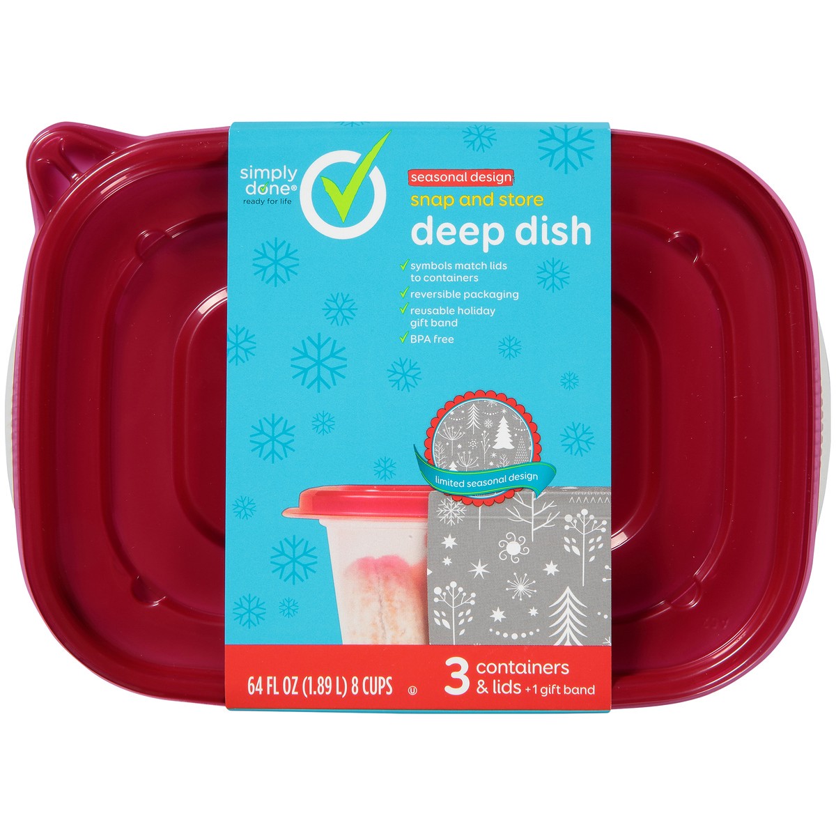 slide 2 of 12, Simply Done Snap And Store Deep Dish Containers & Lids, Seasonal Design, 64 fl oz