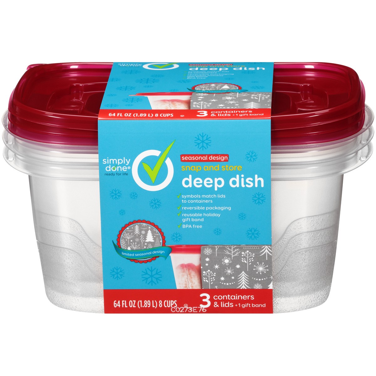 slide 1 of 12, Simply Done Snap And Store Deep Dish Containers & Lids, Seasonal Design, 64 fl oz