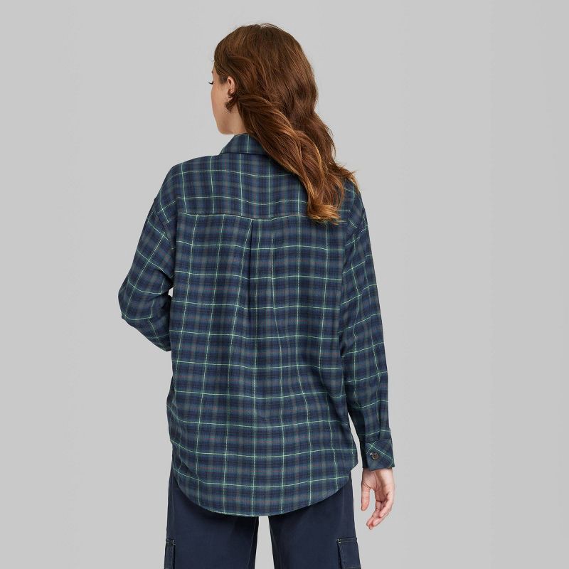 slide 2 of 3, Women's Oversized Button-Down Flannel Shirt - Wild Fable Navy Blue Plaid L, 1 ct