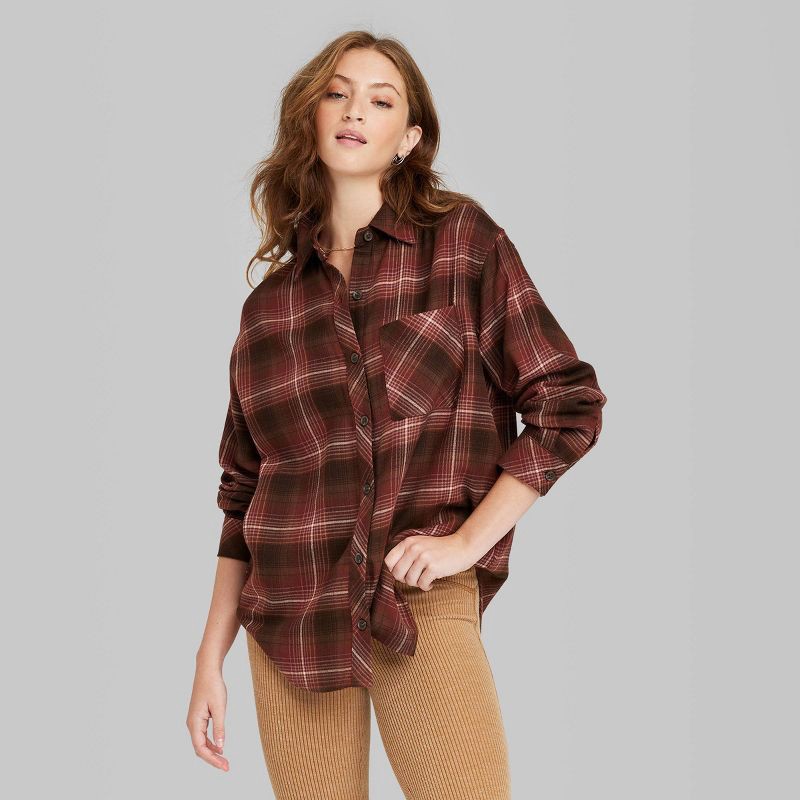 Women's Oversized Button-Down Flannel Shirt - Wild Fable Dark Brown Plaid XS  1 ct