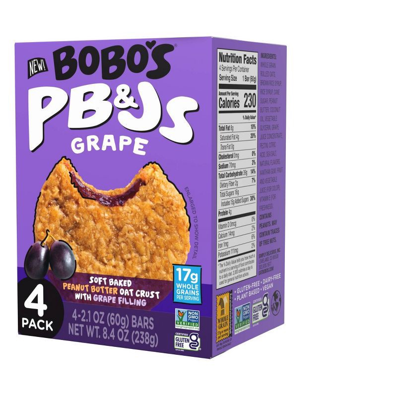 slide 2 of 8, Bobo's Oat Bars Bobo's PB&Js Grape Soft Baked Peanut Butter Oat Crust Bars - 8.4oz/4ct, 4 ct; 8.4 oz