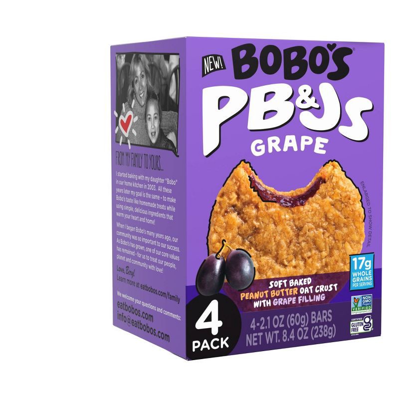 slide 3 of 8, Bobo's Oat Bars Bobo's PB&Js Grape Soft Baked Peanut Butter Oat Crust Bars - 8.4oz/4ct, 4 ct; 8.4 oz