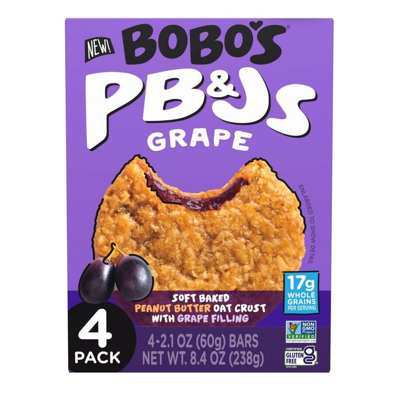 slide 1 of 8, Bobo's Oat Bars Bobo's PB&Js Grape Soft Baked Peanut Butter Oat Crust Bars - 8.4oz/4ct, 4 ct; 8.4 oz
