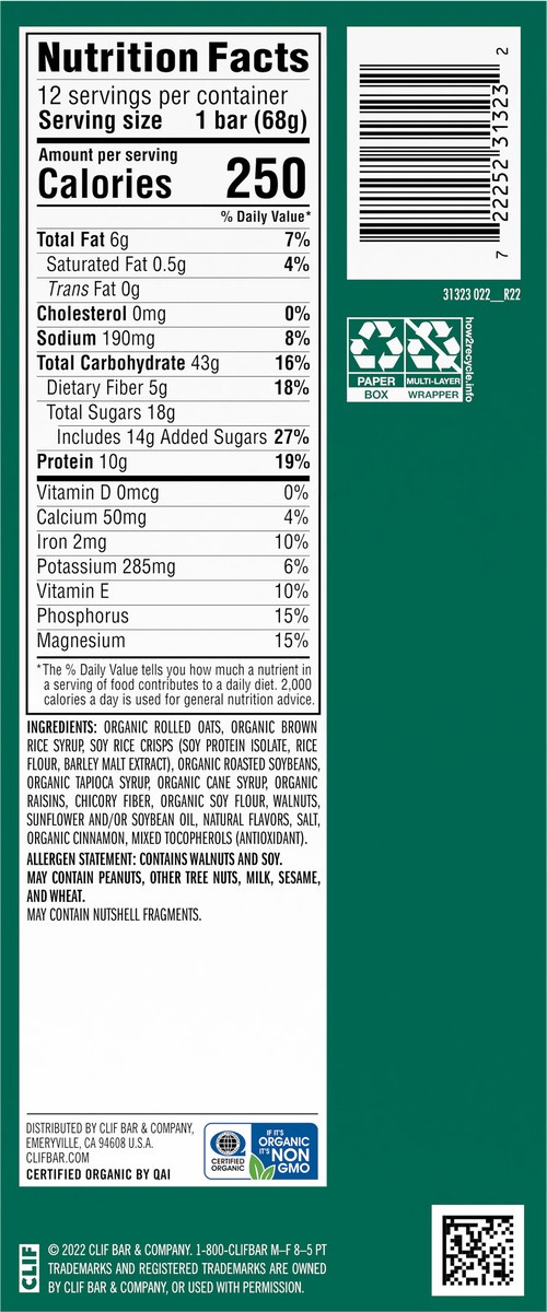 slide 8 of 9, CLIF BAR - Oatmeal Raisin Walnut - Made with Organic Oats - 10g Protein - Non-GMO - Plant Based - Energy Bars - 2.4 oz. (12 Pack), 28.8 oz