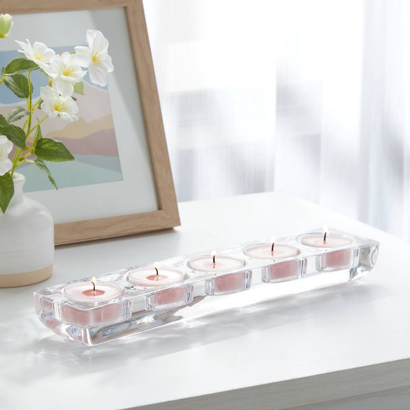 slide 2 of 3, 5 Candelabra Tealight Candle Holder - Room Essentials™: Glass Candlestick Holders, Tabletop Decor, Fits 5 Tealights, 1 ct