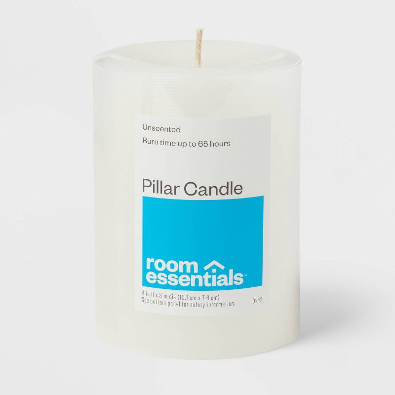 slide 1 of 3, 3" x 4" Unscented Candle White - Room Essentials™: Paraffin Wax, 65hr Burn Time, Single Wick Pillar, 1 ct