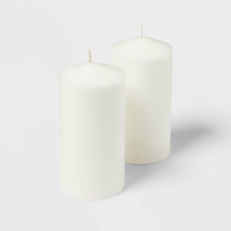 slide 3 of 3, 2pk 3" x 6" Unscented Pillar Candles White - Room Essentials™, 2 ct