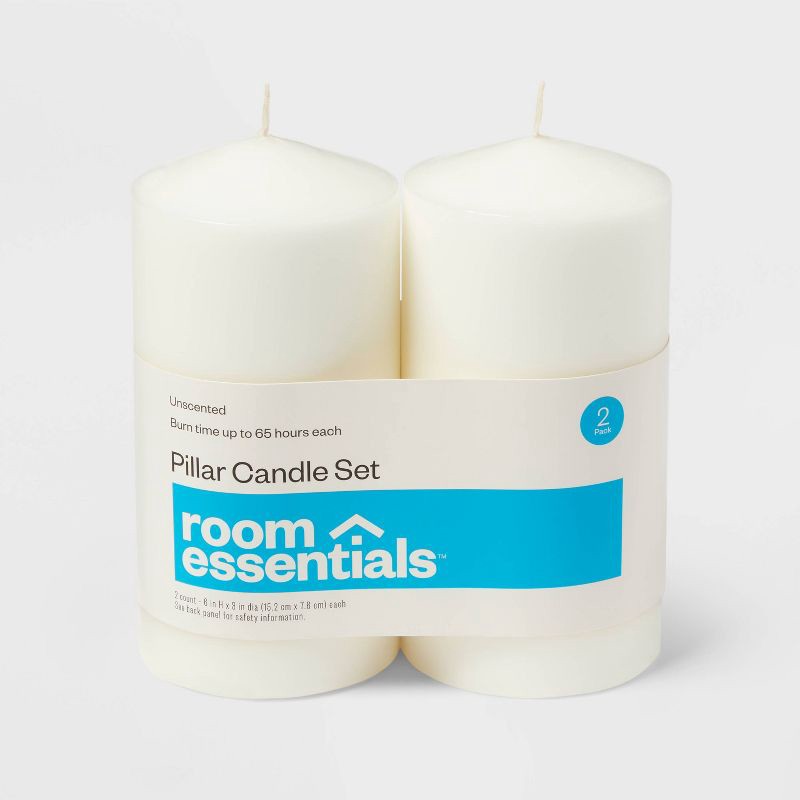 slide 1 of 3, 2pk 3" x 6" Unscented Pillar Candles White - Room Essentials™, 2 ct