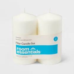 2pk 3" x 6" Unscented Pillar Candles White - Room Essentials™: Paraffin Wax, Modern Indoor Decor, 130-Hour Burn Time