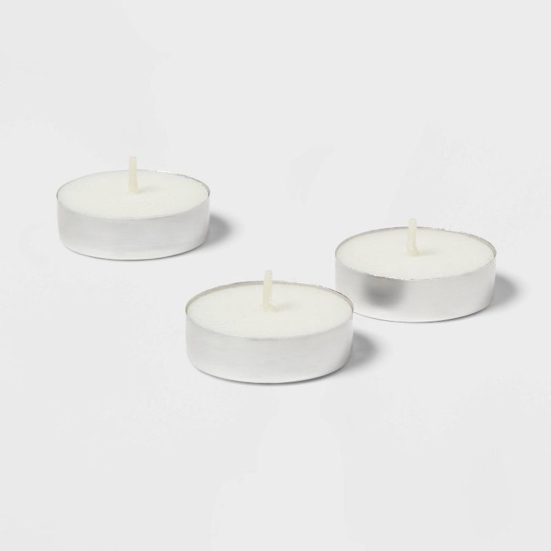 slide 3 of 3, 100ct Unscented Tea Lights Candle White - Room Essentials™: Bulk Pack for Candlelit Ambiance, 4hr Burn Time, 100 ct