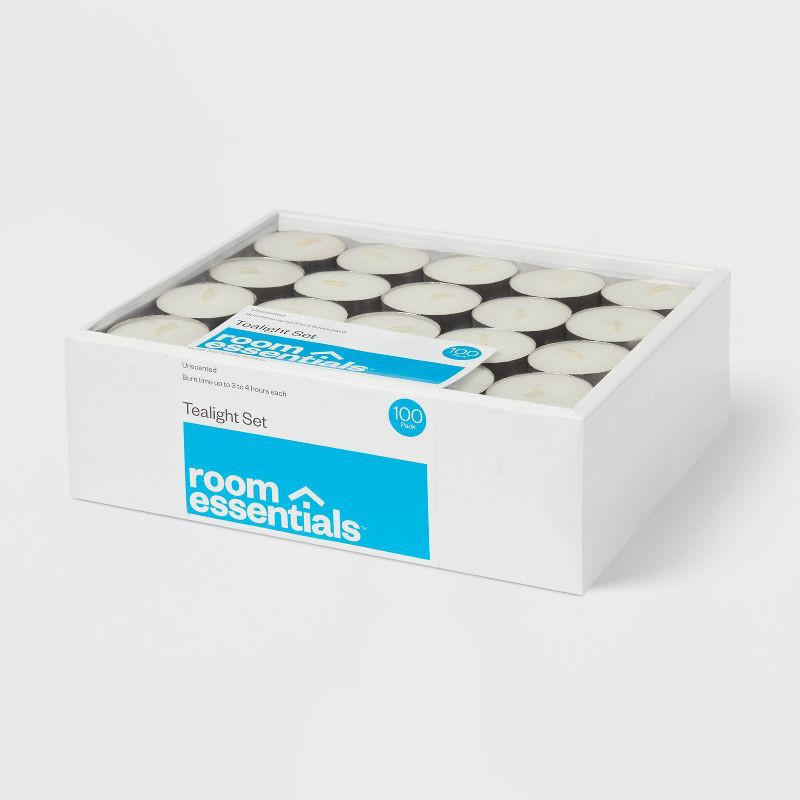 slide 1 of 3, 100ct Unscented Tea Lights Candle White - Room Essentials™: Bulk Pack for Candlelit Ambiance, 4hr Burn Time, 100 ct