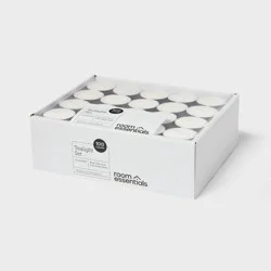 100ct Unscented Tea Lights Candle White - Room Essentials™: Paraffin Wax, Indoor Use, 3-Hour Burn, Plastic Container