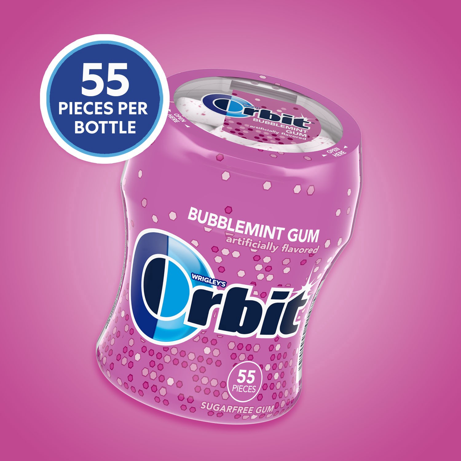 slide 5 of 8, ORBIT Gum Bubblemint Sugar Free Chewing Gum, 55 Piece Bottle, 55 pc