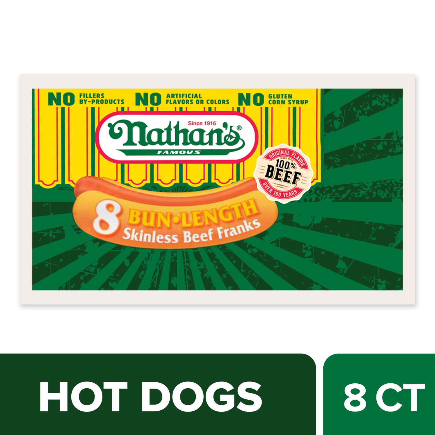 slide 1 of 8, Nathan's Famous Bun Length Skinless Beef Franks, 12 oz, 8 ct