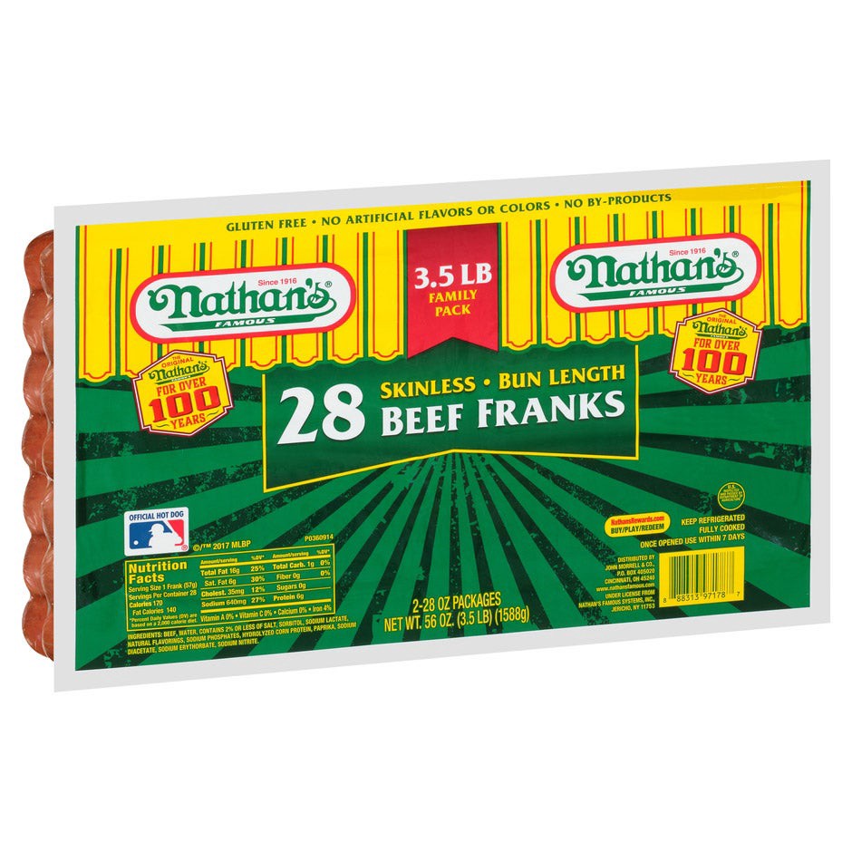 slide 1 of 1, John Morrell Nathan's Beef Franks, 28 oz, 2 count, 