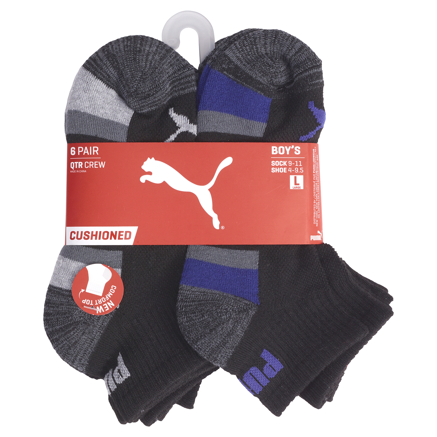 slide 1 of 2, Puma Boys' Black/Blue Terry Quarter Crew Socks, 6 Pairs, 7 ct; 8.5