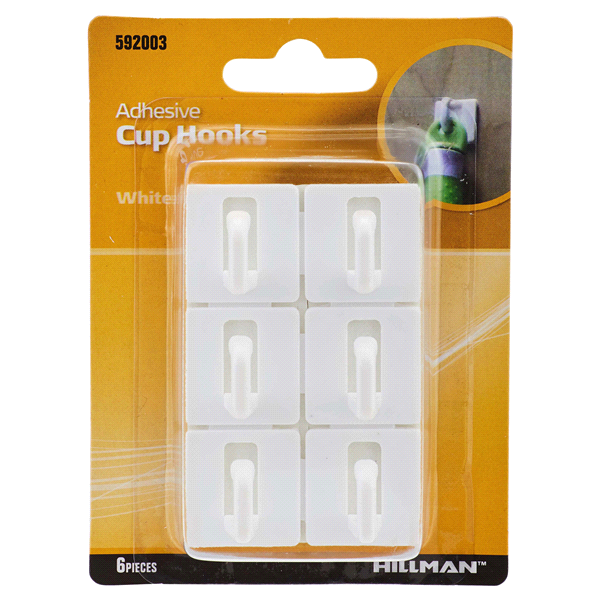 slide 1 of 1, Hillman Adhesive Plastic Cup Hooks, 6 ct