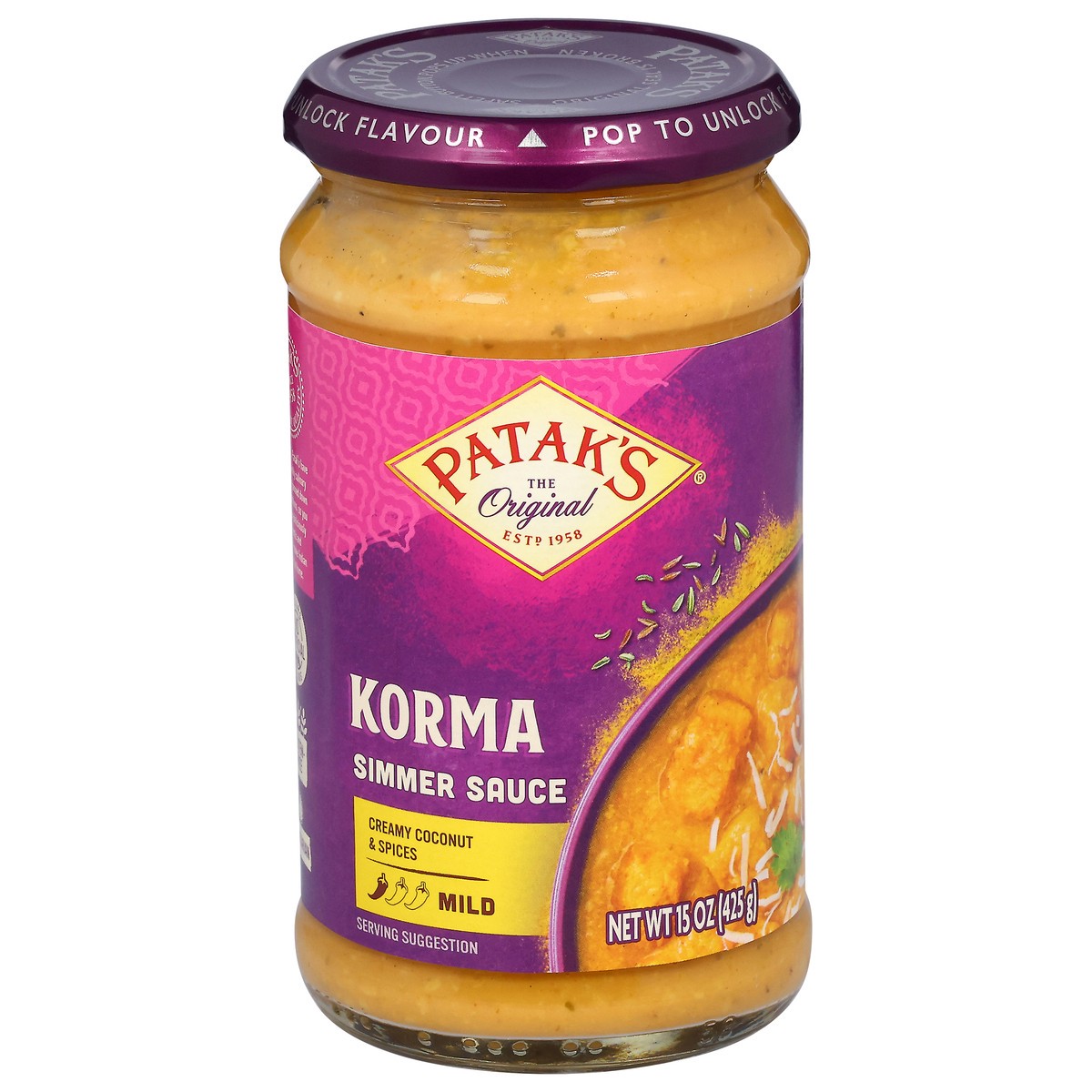 slide 1 of 13, Patak's Mild Korma Simmer Sauce 15 oz, 15 oz