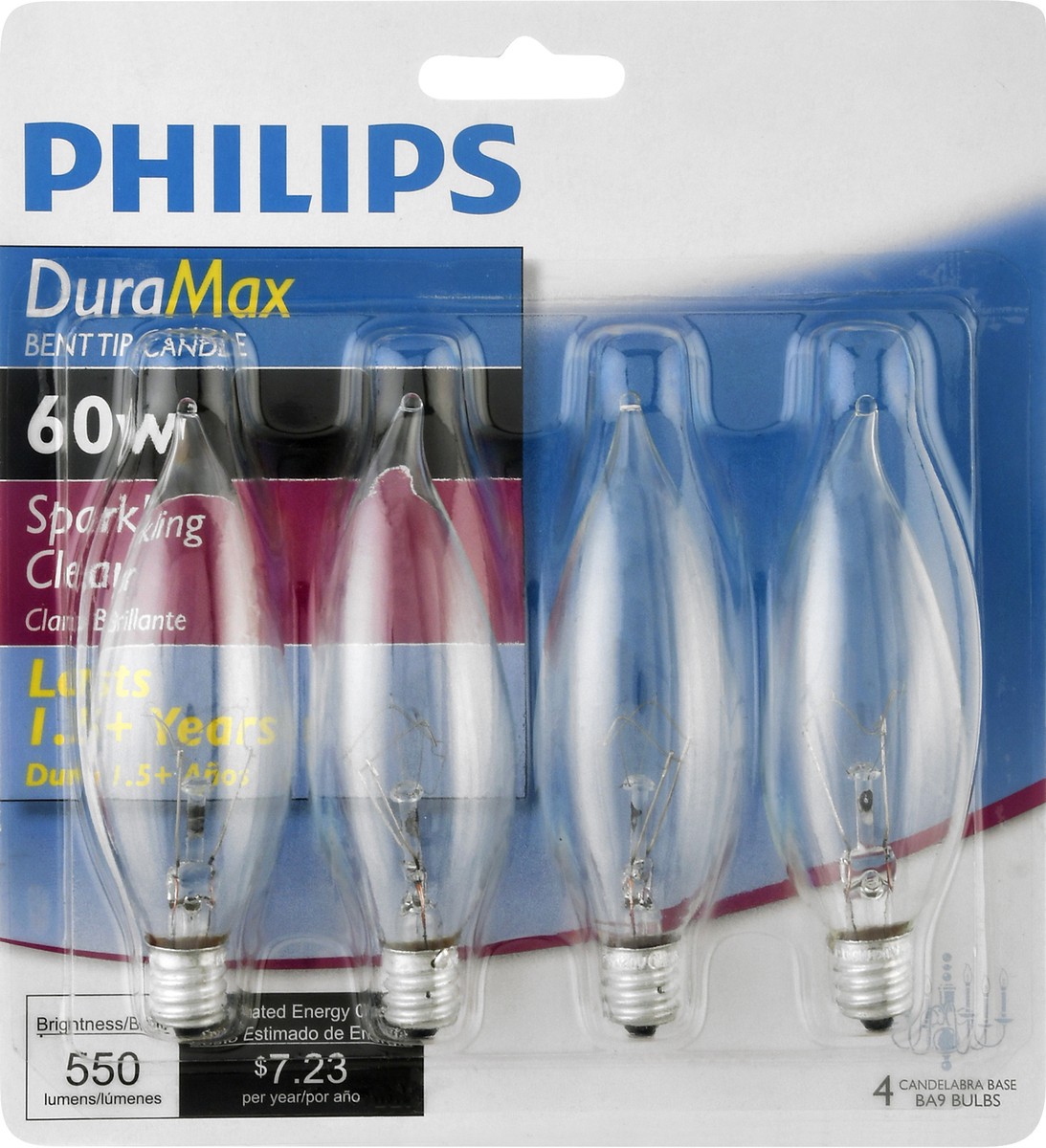 slide 6 of 10, Philips Duramax 60-Watt Candelabra Base Ba9 Bent Tip Candle Light Bulbs, 4 ct