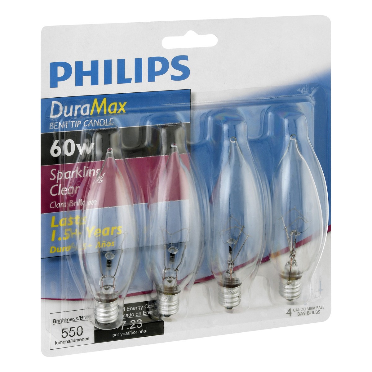 slide 7 of 10, Philips Duramax 60-Watt Candelabra Base Ba9 Bent Tip Candle Light Bulbs, 4 ct