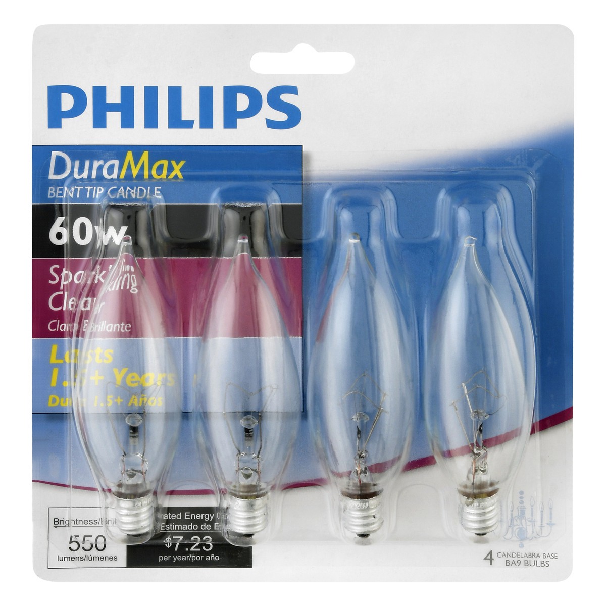 slide 1 of 10, Philips Duramax 60-Watt Candelabra Base Ba9 Bent Tip Candle Light Bulbs, 4 ct