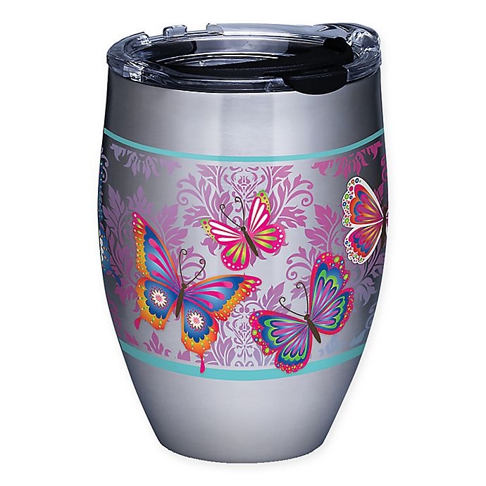 slide 1 of 1, Tervis Butterfly Motif Stainless Steel Stemless Wine Glass with Lid, 12 oz