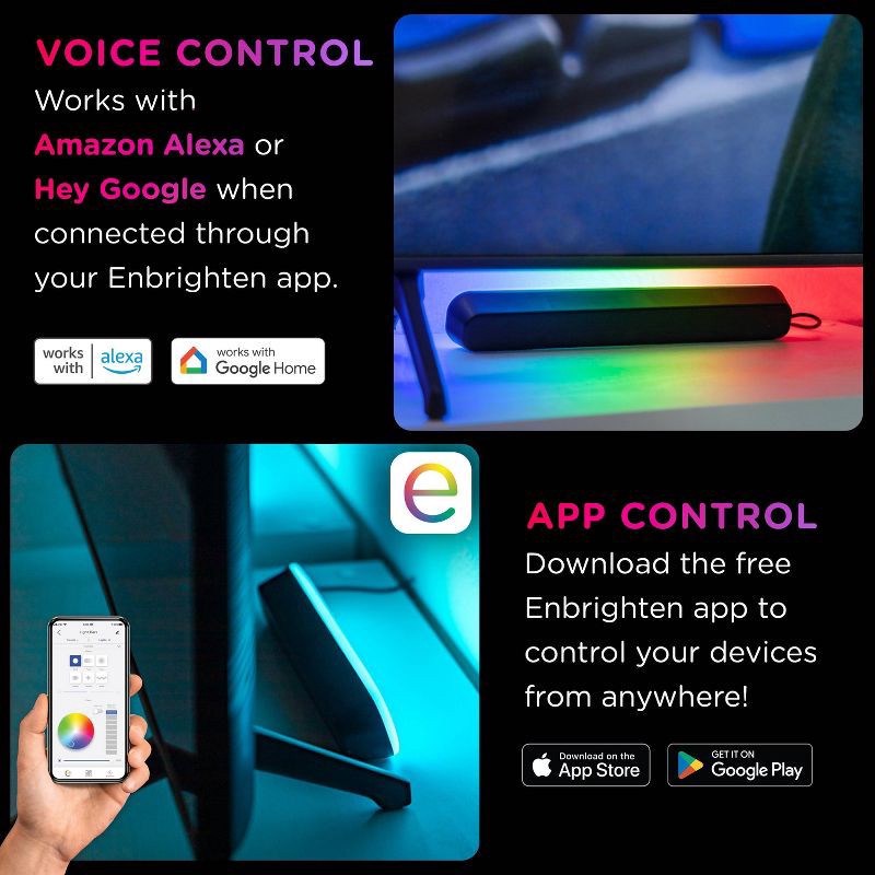 slide 4 of 10, Enbrighten Vibe Wi-Fi Spectrum RGBIC Gaming Light Bar with Music Sync and Color Changing: Special Effects LED Strips & USB Power, 1 ct
