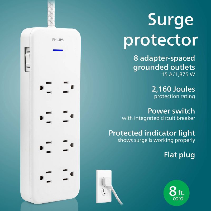 slide 2 of 9, Philips 8-Outlet Surge 8' braided cord 2160J Adapter-Spaced - White, 1 ct