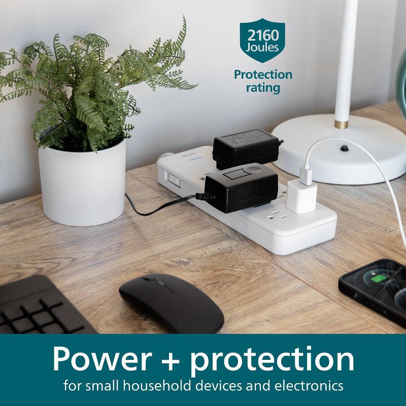 slide 4 of 9, Philips 8-Outlet Surge 8' braided cord 2160J Adapter-Spaced - White, 1 ct