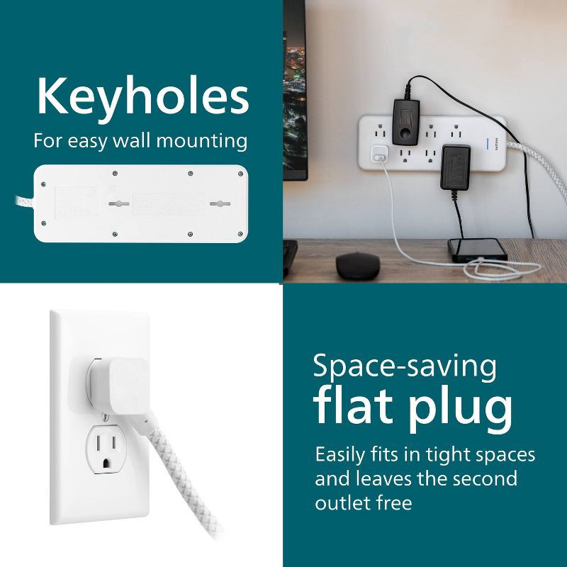 slide 6 of 9, Philips 8-Outlet Surge 8' braided cord 2160J Adapter-Spaced - White, 1 ct