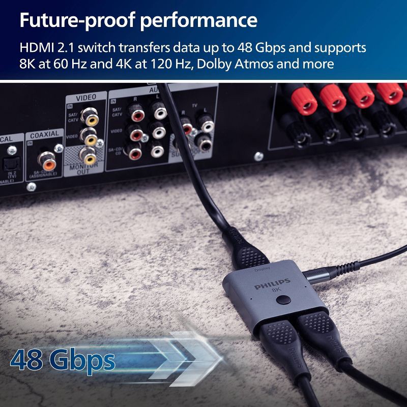 slide 2 of 7, Philips 8K HDMI 2-Port Switch - Silver: AV Switches, 2-Way HDMI Connection, 1 ct