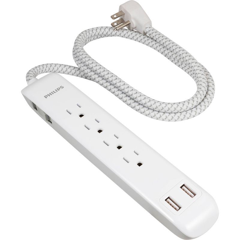 slide 3 of 7, Philips 4-Outlet Surge / 2 USB-A 720 Joules 4' Braided Cord - White: Extension Cord., 1 ct