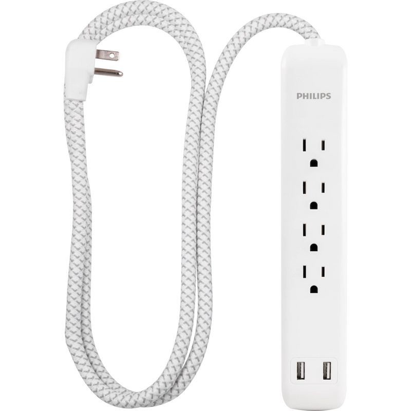 slide 1 of 7, Philips 4-Outlet Surge / 2 USB-A 720 Joules 4' Braided Cord - White: Extension Cord., 1 ct