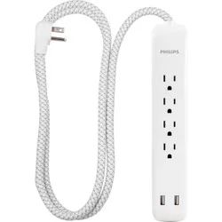 Philips 4-Outlet Surge / 2 USB-A 720 Joules 4' Braided Cord - White: Extension Cord.