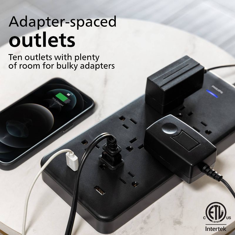 slide 3 of 8, Philips 10-Outlet Surge 6' Braided cord 2880J 2 USB-A - 2.4A Adapter-Spaced - Black, 1 ct