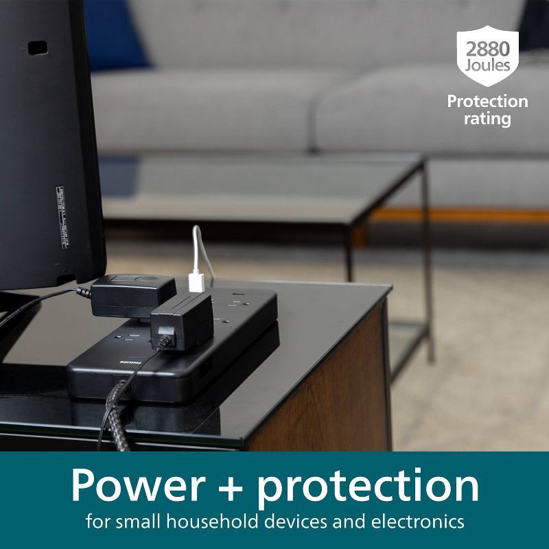 slide 4 of 8, Philips 10-Outlet Surge 6' Braided cord 2880J 2 USB-A - 2.4A Adapter-Spaced - Black, 1 ct