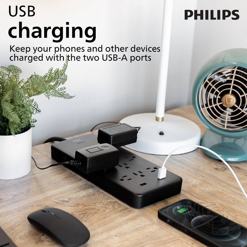 slide 5 of 8, Philips 10-Outlet Surge 6' Braided cord 2880J 2 USB-A - 2.4A Adapter-Spaced - Black, 1 ct