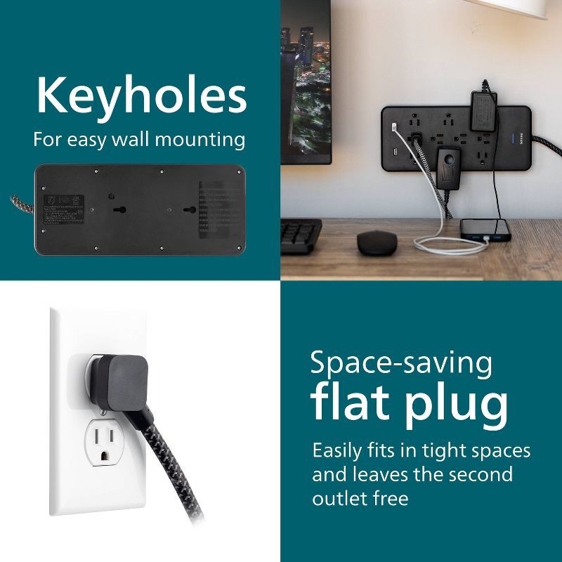 slide 6 of 8, Philips 10-Outlet Surge 6' Braided cord 2880J 2 USB-A - 2.4A Adapter-Spaced - Black, 1 ct