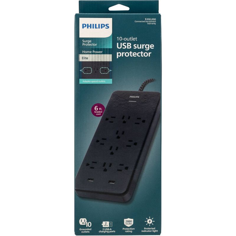 slide 7 of 8, Philips 10-Outlet Surge 6' Braided cord 2880J 2 USB-A - 2.4A Adapter-Spaced - Black, 1 ct