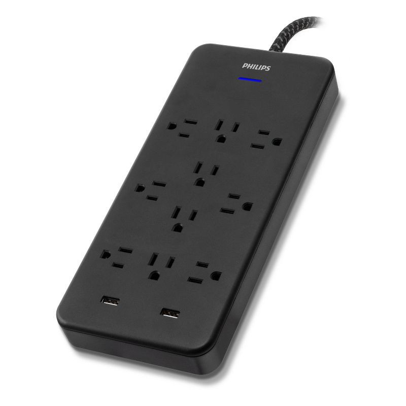 slide 1 of 8, Philips 10-Outlet Surge 6' Braided cord 2880J 2 USB-A - 2.4A Adapter-Spaced - Black, 1 ct