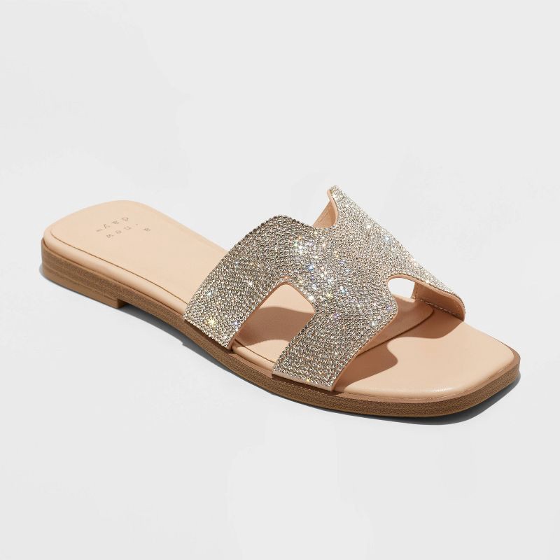 slide 1 of 4, Women's Nina Rhinestone Flat Sandals - A New Day™ Silver 10: Slip-On Open Toe Slides, Medium Width, Faux Leather, 1 ct