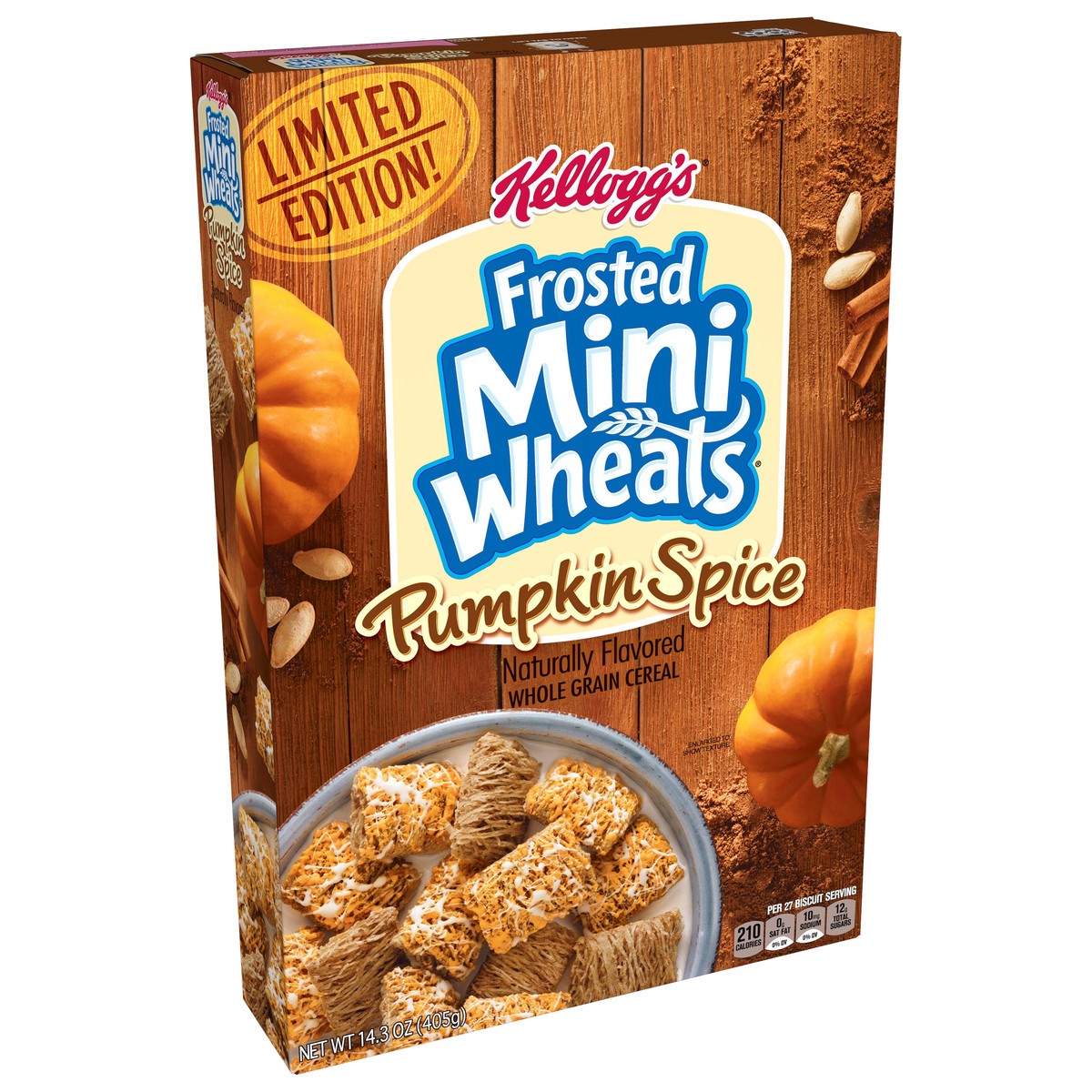 slide 3 of 8, Frosted Mini-Wheats Kellogg's Frosted Mini Wheats Breakfast Cereal, Fiber Cereal, Kids Snacks, Pumpkin Pie Spice, 14.3oz Box, 1 Box, 14.3 oz
