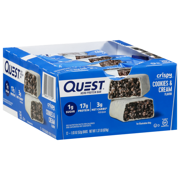 slide 1 of 1, Quest Protein Bar, Hero, Cookies & Cream Flavor, Crispy 12-1.83Oz. Bars, 21.92 oz