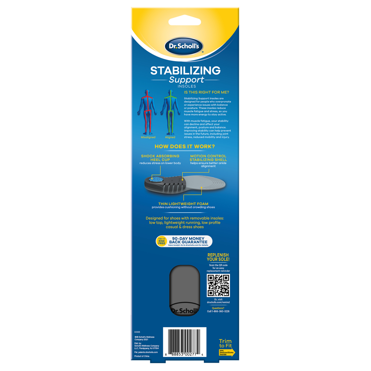 slide 4 of 5, Dr. Scholl's Stability Support Insoles, Flat Feet & Overpronation Low Arch Support, Improves Balance & Stability, Motion Control, Trim Inserts to Fit Shoes, Men's Size 8-14, 1 pair